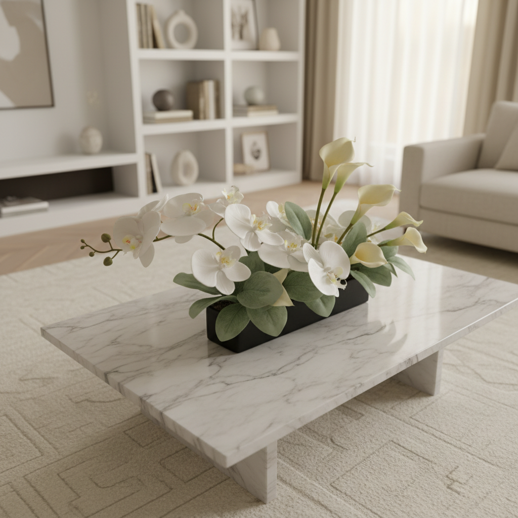 An elegant living room vignette featuring a low marble coffee table showcasing a long, rectangular arrangement of silk orchids, calla lilies, and eucalyptus in cool white and soft sage tones. The stems emerge from a slim, matte black ceramic trough, their textures refined and lifelike, with slight imperfections along the leaves. The table sits on a pale, textured rug, with a blurred backdrop of built-in shelving and abstract art in neutral hues. Late afternoon natural light filters through sheer drapes, creating a gentle, even glow and minimal shadows. Captured from a slightly elevated angle in photographic realism, the scene feels calm, curated, and sophisticated, highlighting how luxurious silk flowers integrate seamlessly into upscale home decor.