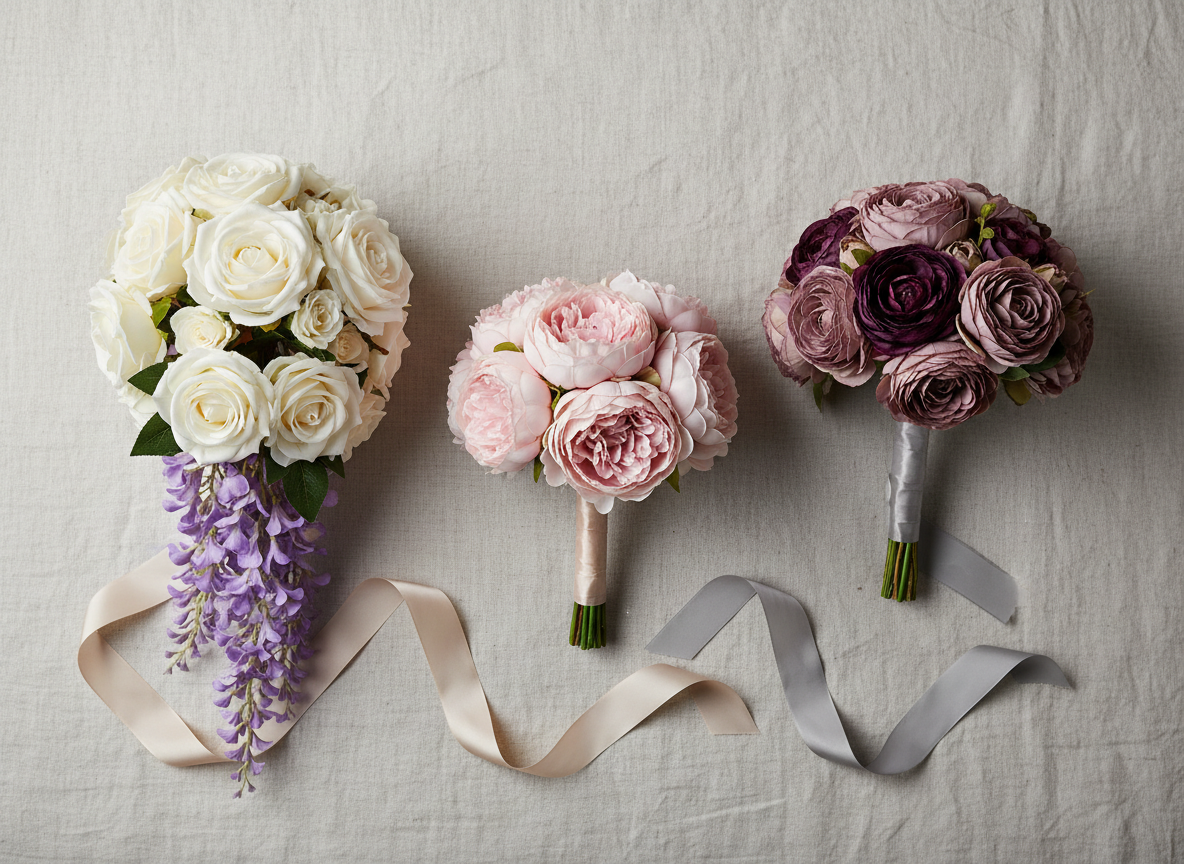 A luxurious flat lay of custom silk wedding bouquets laid across a pale linen cloth: one cascading bouquet with ivory roses and trailing wisteria, one compact posy of blush peonies, and a third bouquet with deep plum ranunculus and dusty mauve roses. Each silk bloom shows intricate petal layering and soft, realistic color gradients. Narrow satin ribbons in champagne and dove gray extend elegantly from the stems. Soft studio lighting from the top left creates delicate highlights on the petals and subtle shadows in the folds of the fabric. Shot from a true bird’s-eye view with precise, photographic realism, the composition is carefully spaced and harmonious, evoking a sophisticated, bespoke bridal styling board.